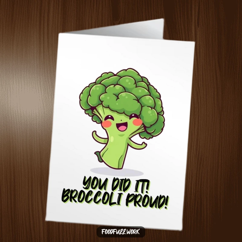 Funny Free Printable Congratulations Card: A cheerful broccoli floret in a mid-spin pose, perfect for celebrating achievements with humor.