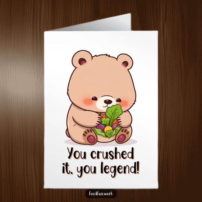 Funny free printable congratulations card: A plump bear cub with a comical expression studies a tiny salad leaf.