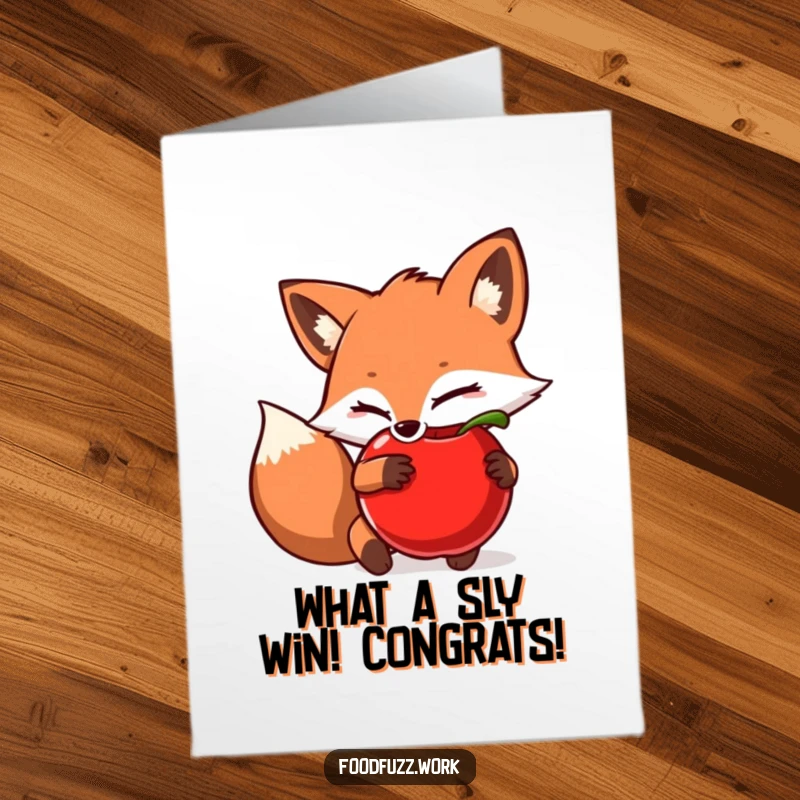 Funny Free Printable Congratulations Card showing a sly fox character cleverly hiding a juicy apple behind its back, celebrating a secret success.