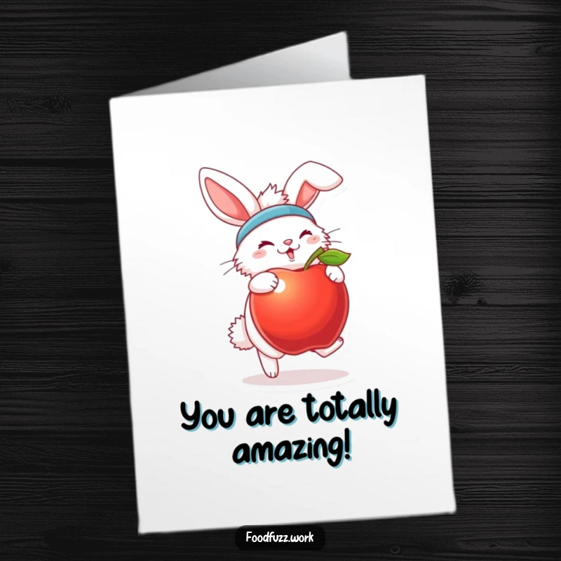 Funny free printable congratulations card: A fluffy bunny in a sweatband joyfully bounces a large apple as a symbol of achievement.