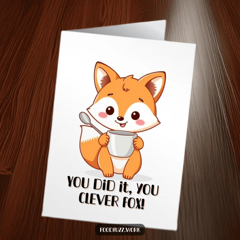 Funny free printable congratulations card: A cheerful fox with baking tools, a tiny measuring cup and spoon.