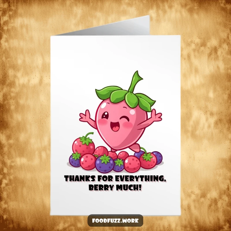 Funny Free Printable Thank You Card: A cheerful berry character bouncing with joy, expressing thanks for kindness. Downloadable.