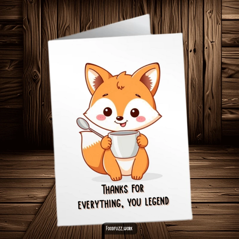 Funny free printable thank you card: A cheerful fox holds a small measuring cup and spoon, ready to bake.