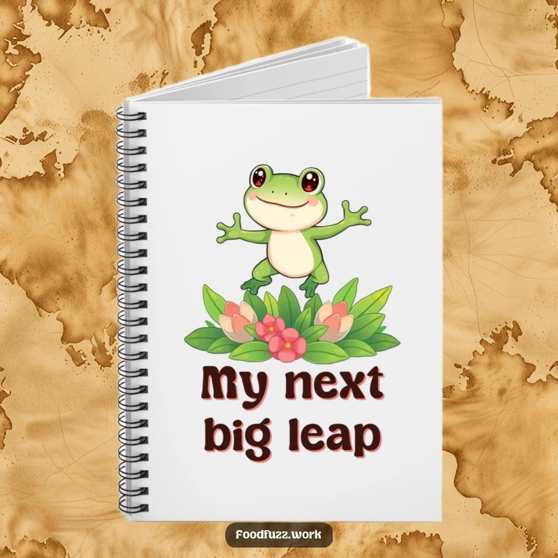 Funny frog notebook featuring a happy frog leaping over fresh greens, ideal for capturing ideas with a humorous and whimsical touch.