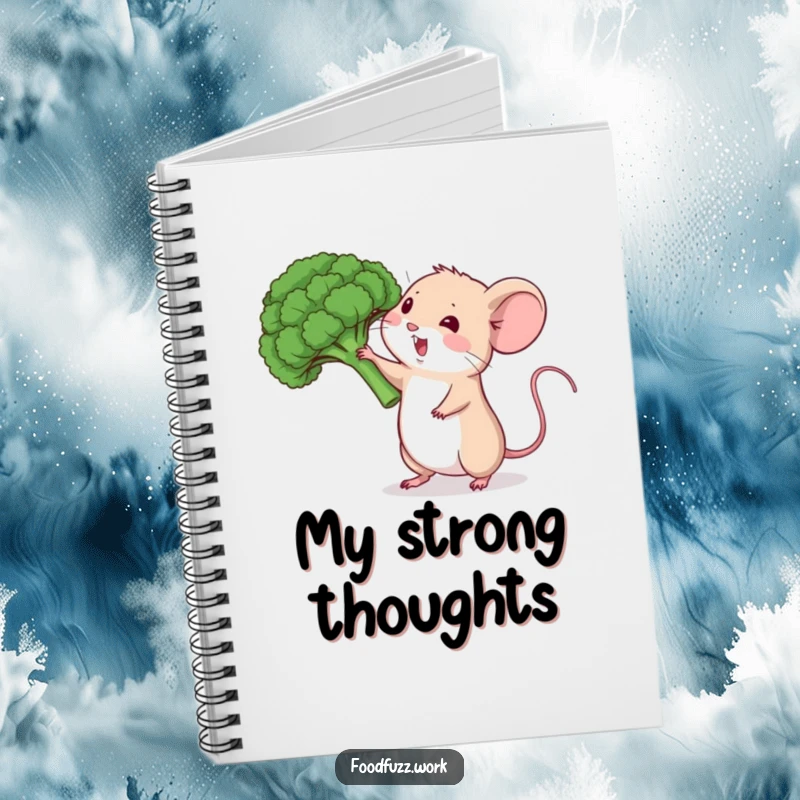 Funny mouse notebook with broccoli, perfect for healthy notes and charming humor.