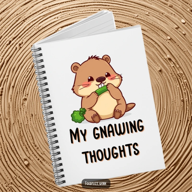 Funny beaver notebook featuring a busy beaver gnawing a thin cucumber, perfect for capturing ideas with a humorous and productive spirit.