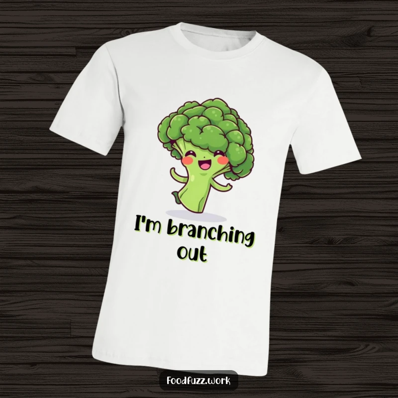 Funny Broccoli Floret T-Shirt: A cheerful green vegetable mid-playful spin, radiating happiness and healthy vibes, perfect for casual wear.