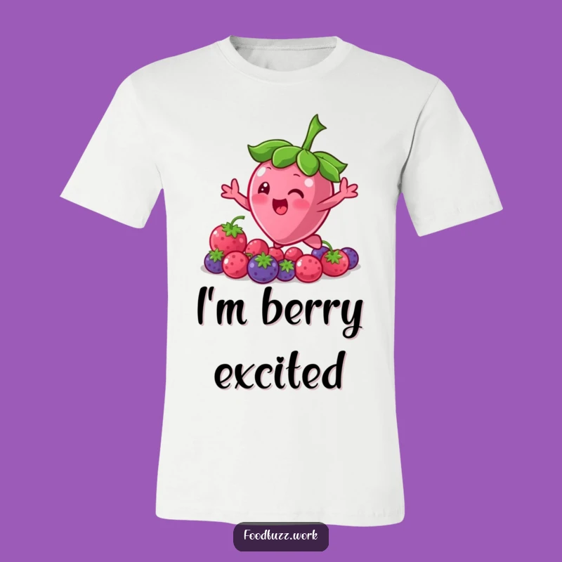 Funny Bouncing Berry T-Shirt: Character Reaching for More, Playful Fruit Apparel