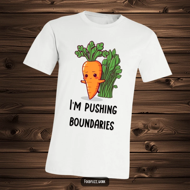 Funny Determined Carrot T-Shirt: A graphic tee featuring a focused carrot character stretching towards nutritious greens, promoting healthy eating and goals.