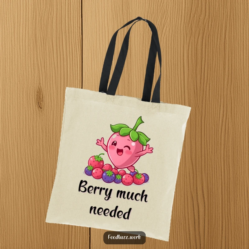 Funny Bouncing Berry Tote Bag: A durable bag featuring a cute berry character bouncing and reaching, symbolizing abundance and sweet desires.