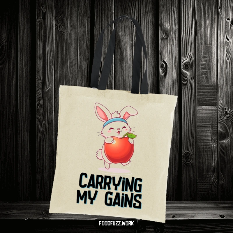 Funny bunny tote bag with sweatband and apple, suitable for gym gear and fitness humor.