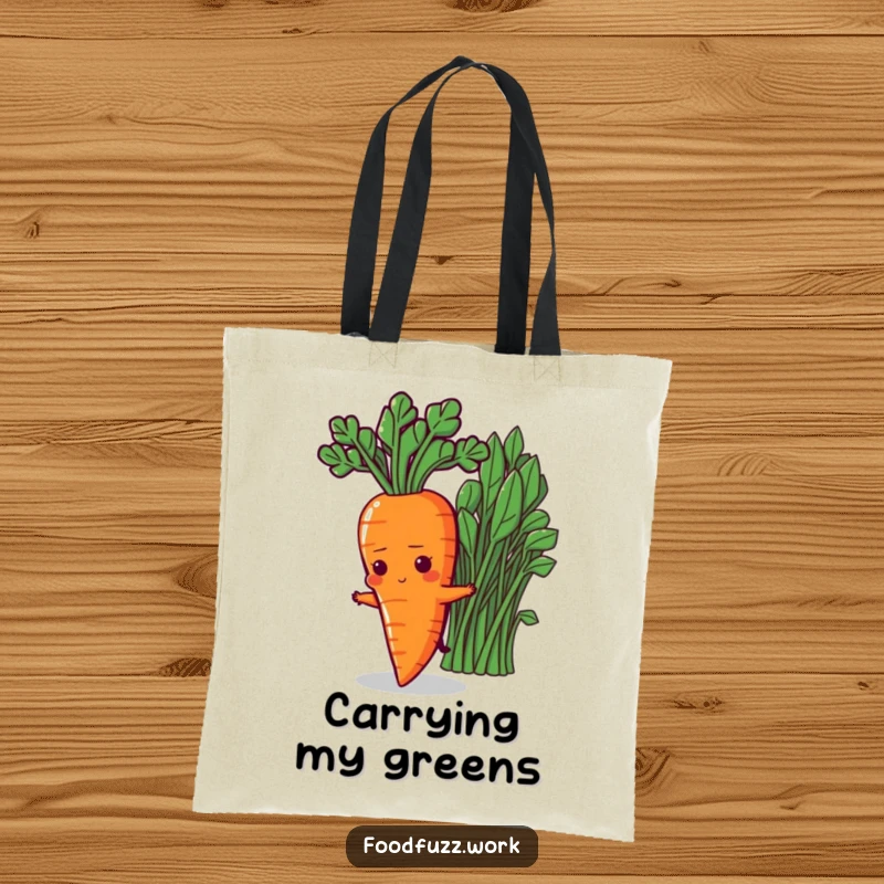 Funny Determined Carrot Tote Bag: A practical bag featuring a determined carrot character stretching towards healthy greens, symbolizing healthy choices and progress.