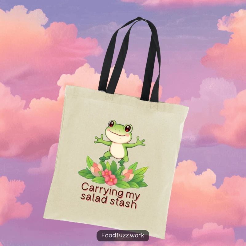 Funny frog tote bag illustrating a delighted frog mid-air, leaping over a fresh display of greens, perfect for eco-friendly, humorous shopping.