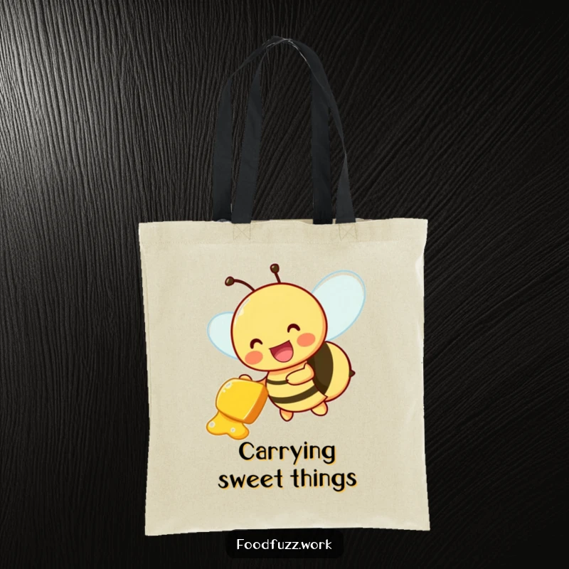 Funny Tote Bag: A buzzing bee delivering a honeydew slice, perfect for carrying essentials with a touch of sweet joy.