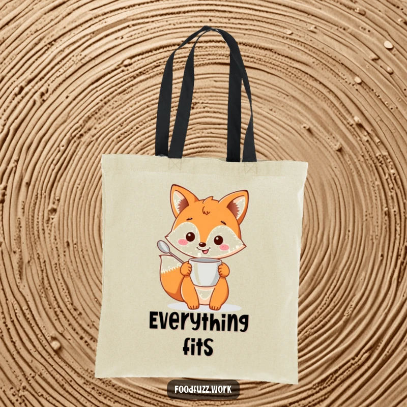 Funny fox tote bag with measuring cup and spoon, perfect for carrying baking supplies with humor.