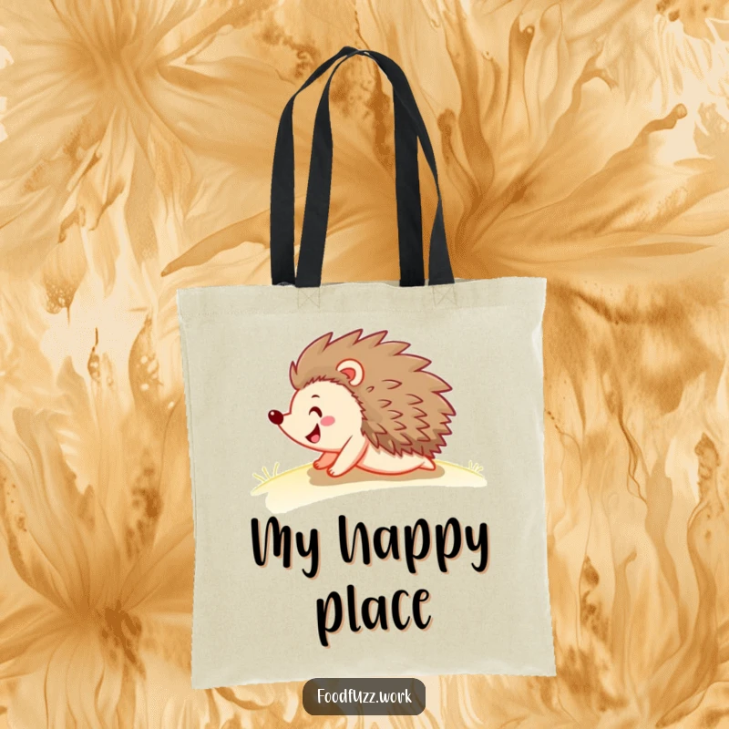 Funny hedgehog tote bag illustrating a jovial hedgehog gleefully rolling down a gentle slope, ideal for carrying essentials with a humorous flair.